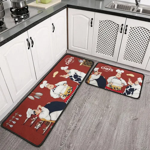 Vista 4 de Fat Chef - Juego de 2 alfombras y tapetes de cocina, alfombras rojas para decoración de cocina, tapetes con respaldo de goma antideslizante