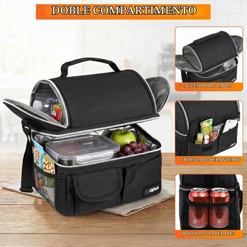 Vista 5 de Opux - Bolsa de almuerzo aislada de doble compartimento para hombres y mujeres Bolsa de almuerzo reutilizable con correa para el hombro, forro
