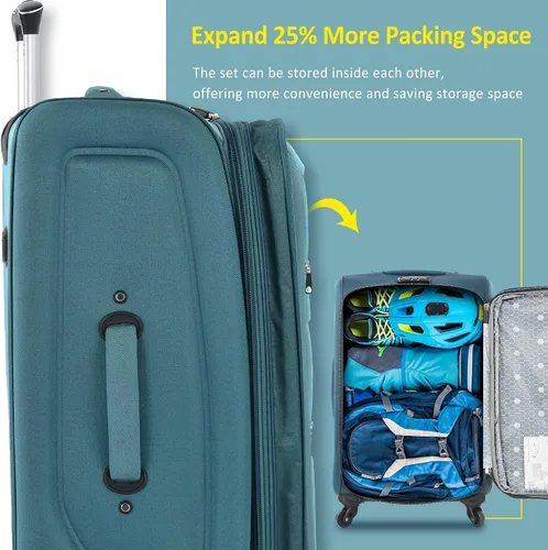 Vista 2 de Voohek Softside - Juego de 3 piezas expandible para maleta, equipaje ligero y ligero, Verde, Softside - Maleta extensible de 3 piezas, maleta
