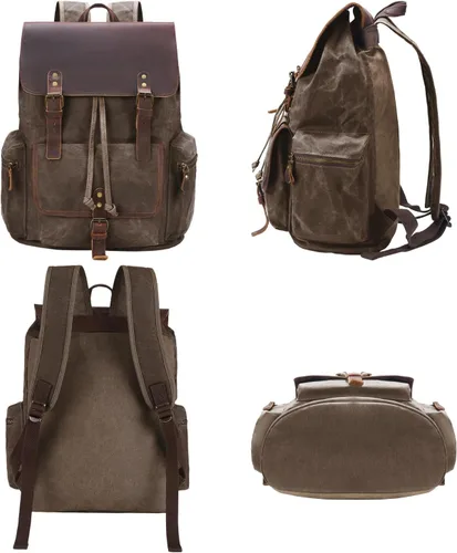 Vista 6 de Mochila de lona encerada vintage casual de cuero genuino para computadora portátil, mochila de hombro para viajes/senderismo/escuela, Verde militar