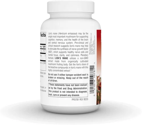 Vista 3 de Planetary Herbals Melena de León, para la memoria, la concentración y el estado de ánimo*, 1,000 mg - 90 cápsulas veganas