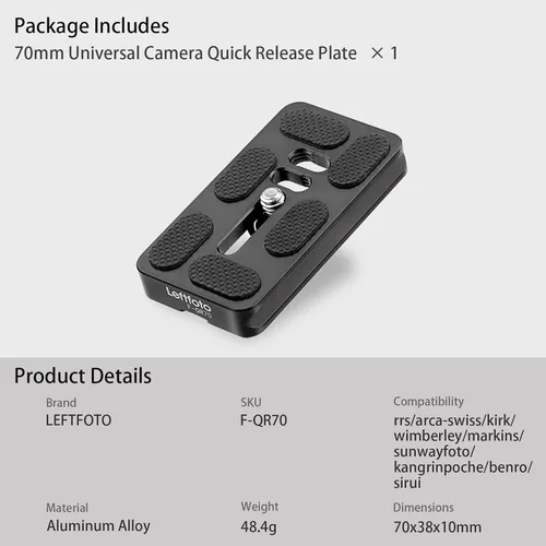 Vista 5 de Leftfoto Placa de liberación rápida para cámara de 2.756 in, se adapta a Arca Swiss Standard Clamp Universal Metal Pequeño QR Trípode Cámara Cuerpo