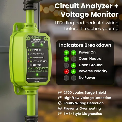 Vista 10 de GEARit Protector contra sobretensiones RV de 30 amperios con analizador
