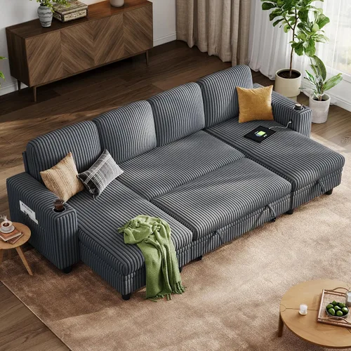 Vista 15 de LINSY HOME Sofá cama seccional con sofá cama extraíble para sala de estar (azul) Plush Corduroy