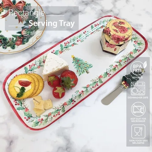 Vista 3 de UPware Bandeja de servir de melamina con árbol de Navidad, bandeja rectangular de 15 x 6.5 pulgadas, bandeja de comida libre de BPA para entretener