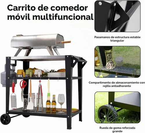 Vista 5 de LEETOLLA Carrito de parrilla de acero inoxidable para exteriores con ruedas, mesa de preparación de barbacoa de 3 niveles resistente para horno