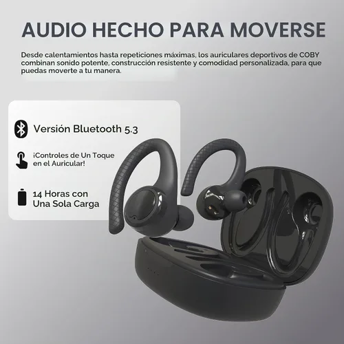 Vista 5 de Auriculares Bluetooth inalámbricos verdaderos, ganchos para los oídos a prueba de sudor, tiempo de reproducción de 14 horas, color negro