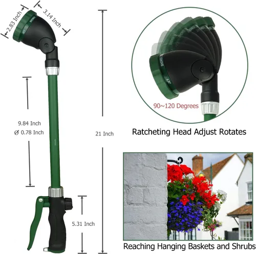 Vista 7 de Varita de riego resistente de 21 pulgadas con cabezal giratorio, varita rociadora de agua ajustable con mango ergonómico, rocía 6 patrones de riego
