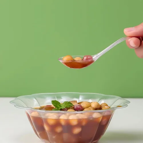 Vista 5 de 50 cucharas de sopa asiáticas desechables de plástico transparente – Cucharas de degustación y platos delanteros, cubiertos de plástico