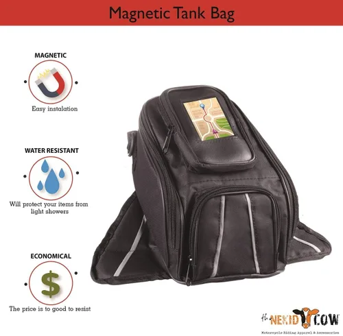 Vista 3 de The Nekid Cow Bolsa de tanque de motocicleta impermeable con bolsa magnética para tanque de gas resistente y resistente, cubierta de lluvia negra