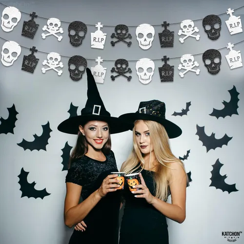 Vista 10 de KatchOn, Guirnalda de Halloween negra con purpurina, enorme, paquete de 10 unidades, guirnalda de decoración de fiesta de Halloween con recortes