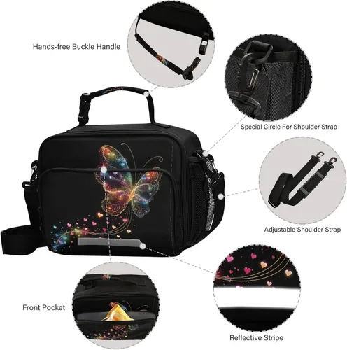 Vista 4 de Aslsiy Bolsa de almuerzo para mujer, diseño de arcoíris, con diseño de mariposa, con diseño de corazones brillantes, con correa ajustable