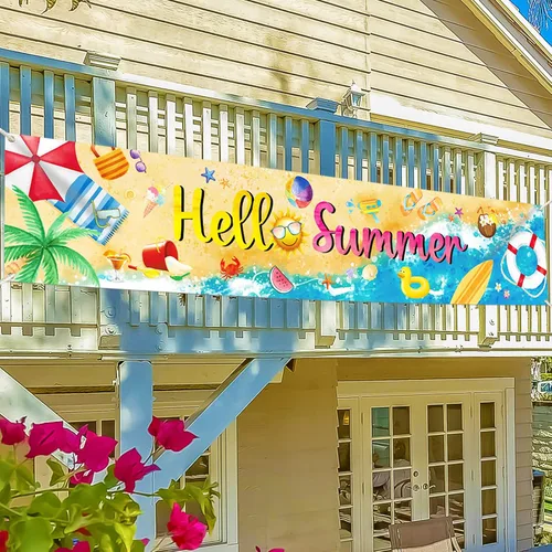 Vista 6 de Decoraciones de fiesta de verano en la playa, pancarta para piscina, tabla de surf, suministros de fiesta, letrero grande para patio hawaiano