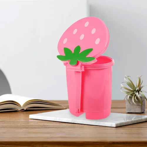 Vista 4 de Papelera de escritorio, contenedor de plástico rosa con tapa, tamaño mini para oficina en casa, decoración creativa