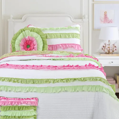 Vista 8 de Cozy Line Home Fashions Juego de ropa de cama reversible de 100 % algodón con volantes, color rosa y verde (flamenco, individual, 2 piezas)