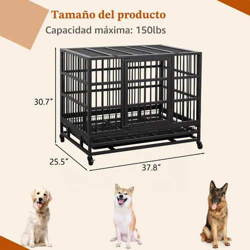 Vista 3 de Vongrasig Jaula para perros indestructible resistente de 38 pulgadas, a prueba de escape, con ruedas bloqueables, jaula para perros de doble puerta
