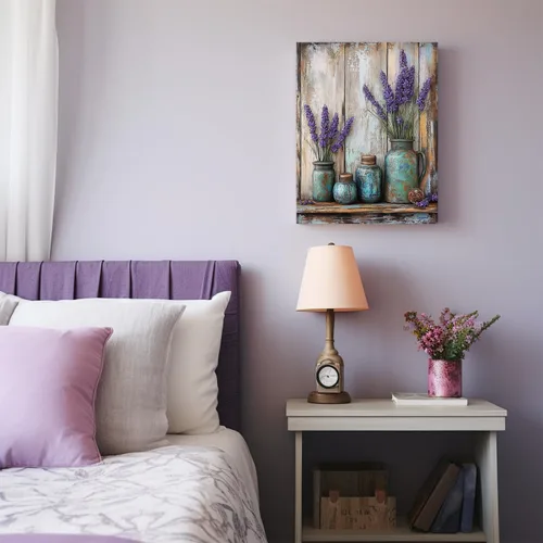 Vista 7 de gaosoul Arte de Pared de Lienzo de Granja Pintura de Campo Francés con Ramo de Lavanda Mariposas Fondo de Madera Envejecida Póster Floral Enmarcado