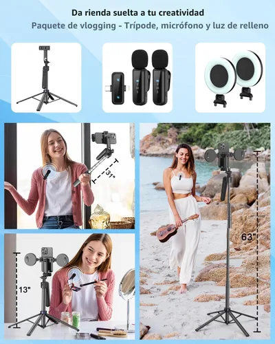 Vista 7 de Kit de vlogging para iPhone/Android, trípode de seguimiento facial automático de 63" para iPhone con luz, micrófonos inalámbricos, control remoto