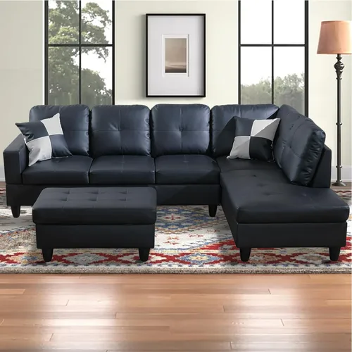 Vista 15 de Sofá modular para sala de estar, sofá seccional de cuero marrón en forma de L con diván y otomano de almacenamiento para sala de estar, B- marrón