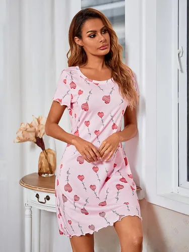 Vista 3 de Camisón de manga corta para mujer, con cuello redondo, con volantes, cómodo camisón