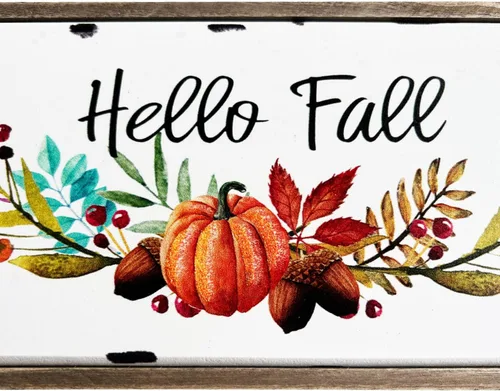 Vista 3 de Letreros de madera con texto en inglés «Hello Fall» para decoración de pared para el hogar, cocina, casa de campo, chimenea, centro de mesa, madera
