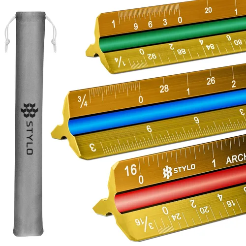 Vista 18 de Stylo Regla de escala de arquitecto de aluminio de 12" con grabado láser, regla triangular de dibujo, ranuras codificadas por color para planos, Gris