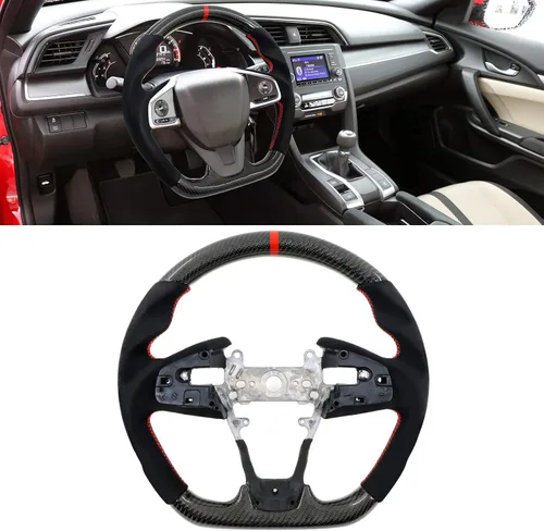 Vista 2 de IKON MOTORSPORTS, Volante compatible con Honda Civic de 10ª generación 2016-2021, volante de fibra de carbono sintética tipo ante con costuras rojas