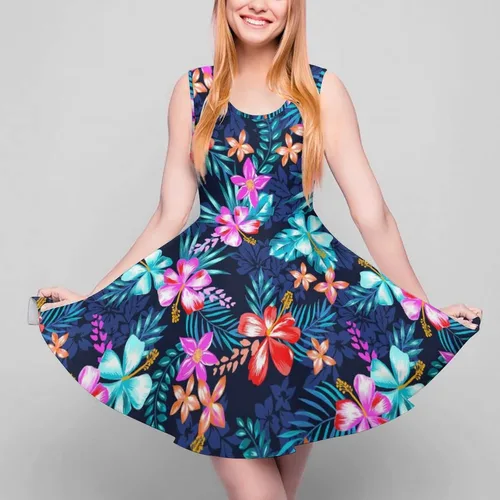 Vista 3 de Vestido de fiesta corto floral sin mangas con cuello redondo para mujer