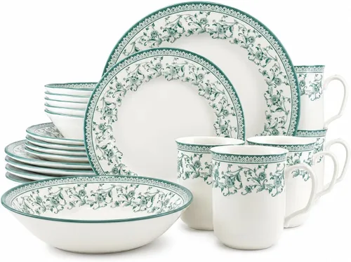 Vista 11 de TUDOR ROYAL - Juego de vajilla redonda de porcelana de 12 piezas, servicio para 4, diseño azul aster, multicolor floral, platos, tazones, tazas