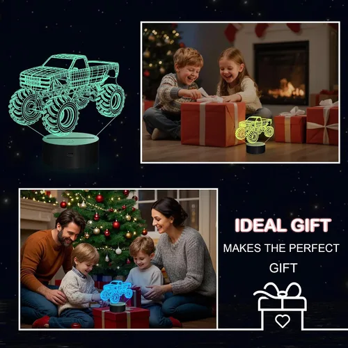 Vista 6 de Luces nocturnas 3D para niños, lámpara nocturna para niños, camiones monstruo para niños, 16 colores LED que cambian de iluminación, iluminación