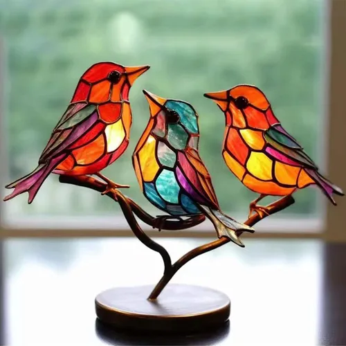 Vista 4 de Adornos de escritorio con diseño de pájaros en ramas, de doble cara, multicolor, acrílico, de doble cara, multicolor, para manualidades, estatua