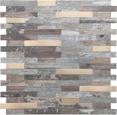 Vista 25 de STICKGOO Azulejo de protección contra salpicaduras para despegar y pegar, para cocina y baño, aspecto de madera negra y gris, PVC, mezcla de metal