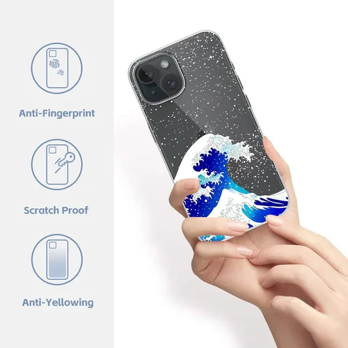 Vista 2 de Funda diseñada para iPhone 15, diseño de ondas en cielo estrellado, funda transparente de teléfono para mujer con ondas japonesas para iPhone 15, a