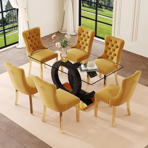 Vista 11 de Ebullient 63" Modern Glass Dining Table Set for 4, Black & Gold 5-Piece Set Glass Table & Beige Chairs