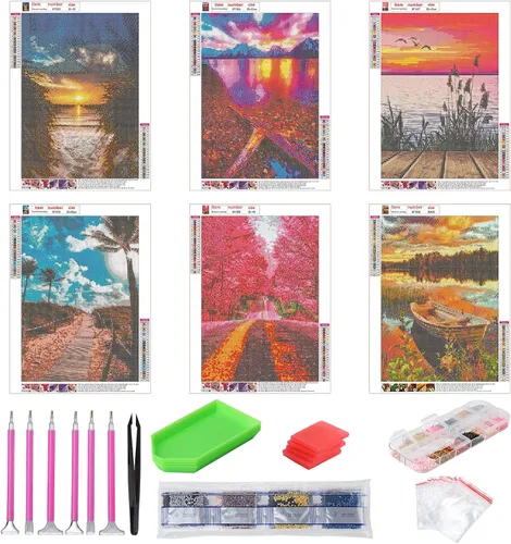 Vista 3 de abcGoodefg Kit de pinturas de arte de diamantes, 6 paquetes, kits de arte de diamantes 5D para adultos, juego de paisaje, pintura redonda de taladro