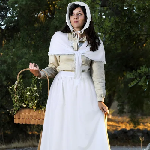 Vista 3 de Panitay 4 accesorios de disfraz colonial, gorra blanca de la mafia, delantal de mujer de la pradera, chal de encaje, cesta de pícnic para mujeres