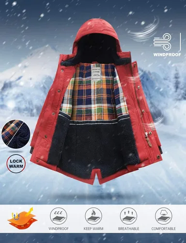 Vista 4 de SOLOCOTE Abrigo de invierno para niños, chaqueta cálida con capucha y forro de sherpa, resistente al agua