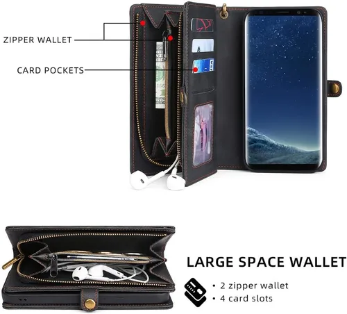 Vista 3 de Asuwish Funda de teléfono para Samsung Galaxy S8 con cremallera, funda desmontable con protector de pantalla de vidrio templado y soporte de cuero
