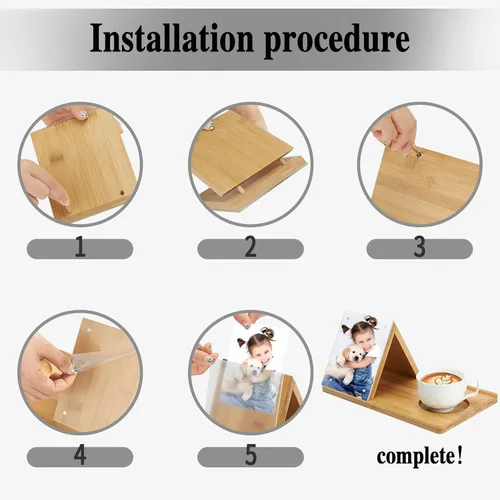 Vista 5 de Soporte para Libros de Bambú, Soporte Triangular para Libros con Marco de Imagen Acrílico, Descanso para Libros con Portavasos, Soporte para Tableta