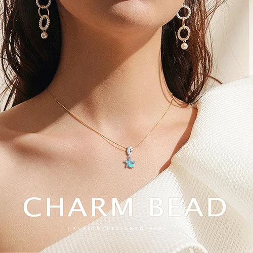 Vista 2 de Abalorios de plata de ley 925 para pulseras y collares, pulseras solares con dije de estrella de mar y estrella, conchas de estrella de mar