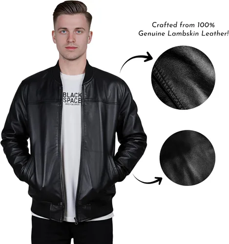 Vista 3 de DE - MARCA Bomber Jacket men, Black Genuine Lambskin Leather Jacket for Men, Novelty