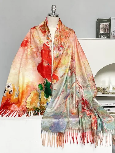 Vista 4 de VENVSBEE Reversible Scarf Soft Large Shawl Wrap Blanket Double Sided Art Print Warm Pashmina Stoles Klimt Van Gogh Gifts
