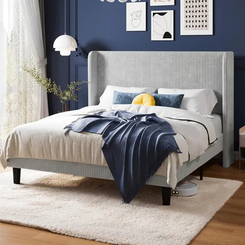 Vista 17 de Allewie Marco de cama tamaño completo con cabecera tapizada tipo wingback, cama plataforma de terciopelo de pana con capitoné de canales verticales