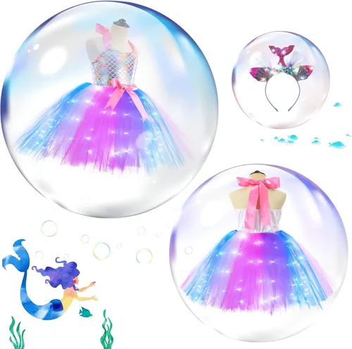 Vista 4 de Girls Mermaid Tutu Dress for Birthday Party, LED Light Up Halloween Mermaid Outfit Dress Up Dress with Headband