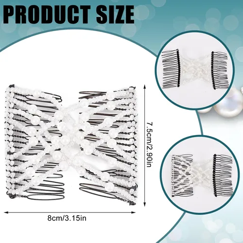 Vista 2 de NICENEEDED 4 peines mágicos para el cabello, pinzas elásticas con cuentas dobles para cabello rizado, grueso y fino, perlas, horquillas