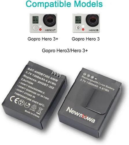 Vista 2 de Newmowa Paquete de 2 baterías de 1300 mAh y cargador de 3 canales para GoPro Hero 3/3+ Batería de repuesto y cargador rápido para AHDBT-301
