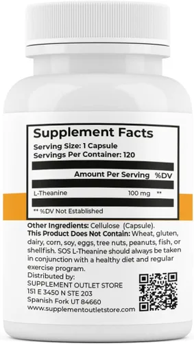 Vista 3 de SOS L-teanina, suplemento de enfoque de apoyo cerebral, 100 mg, 120