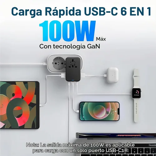 Vista 2 de JMFONE Adaptador de viaje universal con GaN 100W, adaptador de enchufe de corriente internacional de 5 puertos [4*USB C+1*USB A] y múltiples tomas