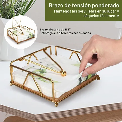 Vista 3 de Servilletero dorado moderno para mesa con brazo pesado, servilletero plano de metal cuadrado para servilletas de granja, bandeja rústica