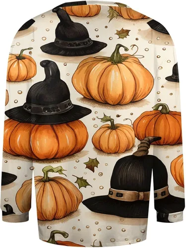 Vista 2 de Camisetas de manga larga para mujer, diseño de botones, blusas con estampado de Halloween, cuello redondo, cómoda camisa casual
